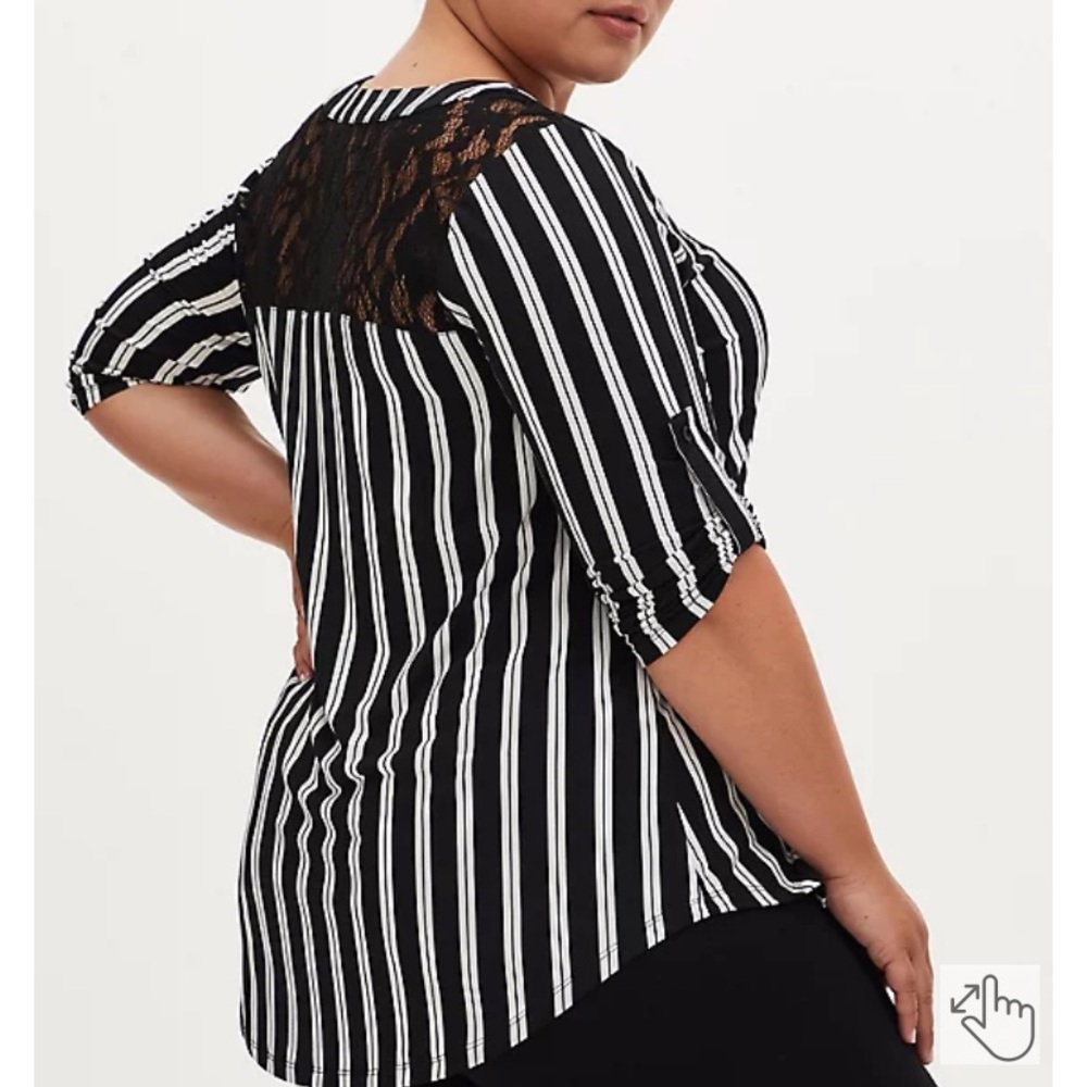 BLACK & WHITE STRIPE STUDIO KNIT LACE YOKE PULLOVER BLOUSE